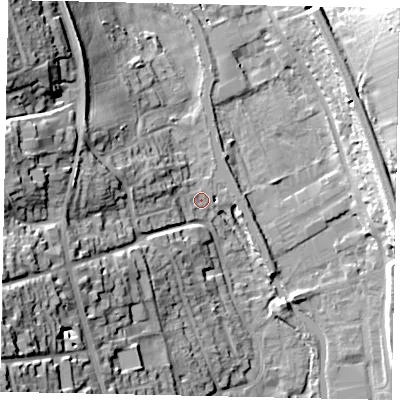 Shaded relief map of the ground around WD48AG, computed from Environment Agency LiDAR. The ground here sits at about 72 m above sea level and falls 38 m across the surrounding 800 m. Surface water reaching this point runs off ground lying to the west-south-west, 29.4 m higher.