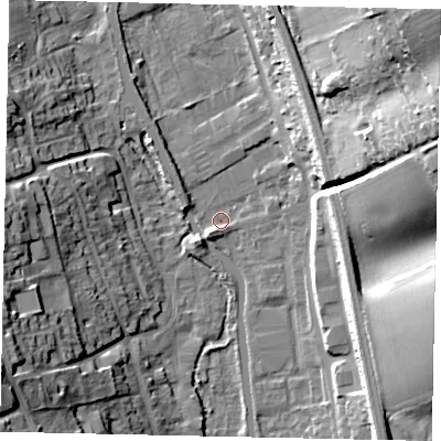 Shaded relief map of the ground around WD48ER, computed from Environment Agency LiDAR. The ground here sits at about 70 m above sea level and falls 37 m across the surrounding 800 m. Surface water reaching this point runs off ground lying to the east-north-east, 28.4 m higher.