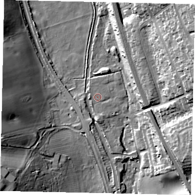 Shaded relief map of the ground around WD48FL, computed from Environment Agency LiDAR. The ground here sits at about 66 m above sea level and falls 34 m across the surrounding 800 m. Surface water reaching this point runs off ground lying to the south, 2.1 m higher.