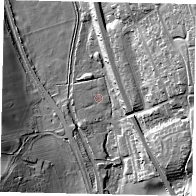 Shaded relief map of the ground around WD48FN, computed from Environment Agency LiDAR. The ground here sits at about 66 m above sea level and falls 40 m across the surrounding 800 m. Surface water reaching this point runs off ground lying to the south-south-west, 2.4 m higher.