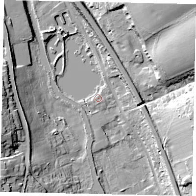 Shaded relief map of the ground around WD48FU, computed from Environment Agency LiDAR. The ground here sits at about 73 m above sea level and falls 38 m across the surrounding 800 m. Surface water reaching this point runs off ground lying to the south-east, 2.6 m higher.