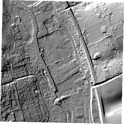Shaded relief map of the ground around WD48HD, computed from Environment Agency LiDAR. The ground here sits at about 70 m above sea level and falls 40 m across the surrounding 800 m. Surface water reaching this point runs off ground lying to the south-south-west, 2.8 m higher.