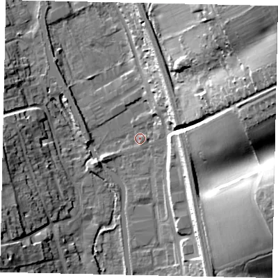 Shaded relief map of the ground around WD48HN, computed from Environment Agency LiDAR. The ground here sits at about 70 m above sea level and falls 43 m across the surrounding 800 m. Surface water reaching this point runs off ground lying to the east-north-east, 35.1 m higher.