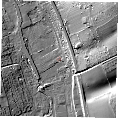 Shaded relief map of the ground around WD48HR, computed from Environment Agency LiDAR. The ground here sits at about 71 m above sea level and falls 48 m across the surrounding 800 m. Surface water reaching this point runs off ground lying to the east, 10.8 m higher.