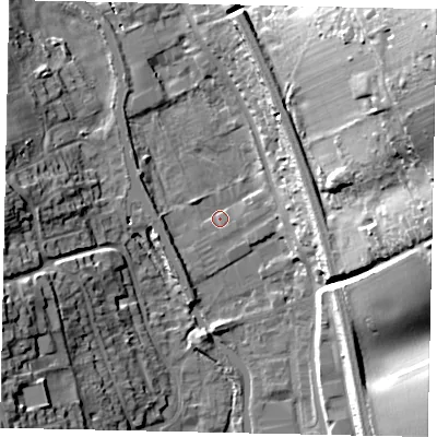 Shaded relief map of the ground around WD48HS, computed from Environment Agency LiDAR. The ground here sits at about 70 m above sea level and falls 41 m across the surrounding 800 m. Surface water reaching this point runs off ground lying to the north, 11.8 m higher.