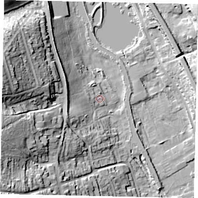 Shaded relief map of the ground around WD48HT, computed from Environment Agency LiDAR. The ground here sits at about 74 m above sea level and falls 40 m across the surrounding 800 m. Surface water reaching this point runs off ground lying to the west-south-west, 12.7 m higher.