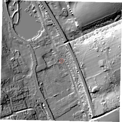 Shaded relief map of the ground around WD48HY, computed from Environment Agency LiDAR. The ground here sits at about 72 m above sea level and falls 40 m across the surrounding 800 m. Surface water reaching this point runs off ground lying to the north-north-east, 9.5 m higher.