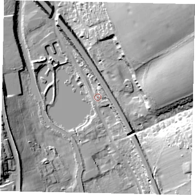 Shaded relief map of the ground around WD48JB, computed from Environment Agency LiDAR. The ground here sits at about 74 m above sea level and falls 47 m across the surrounding 800 m. Surface water reaching this point runs off ground lying to the north-north-west, 9.5 m higher.
