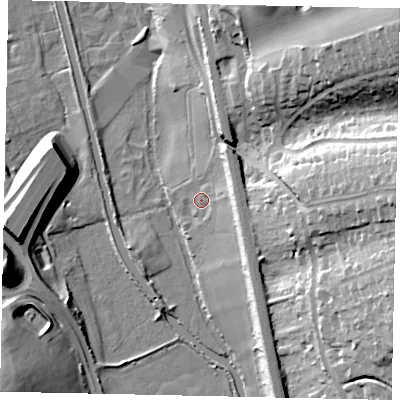 Shaded relief map of the ground around WD48LW, computed from Environment Agency LiDAR. The ground here sits at about 69 m above sea level and falls 34 m across the surrounding 800 m. Surface water reaching this point runs off ground lying to the north-north-east, 8.9 m higher.