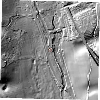 Shaded relief map of the ground around WD48QS, computed from Environment Agency LiDAR. The ground here sits at about 65 m above sea level and falls 28 m across the surrounding 800 m. Surface water reaching this point runs off ground lying to the north-north-west, 3.4 m higher.