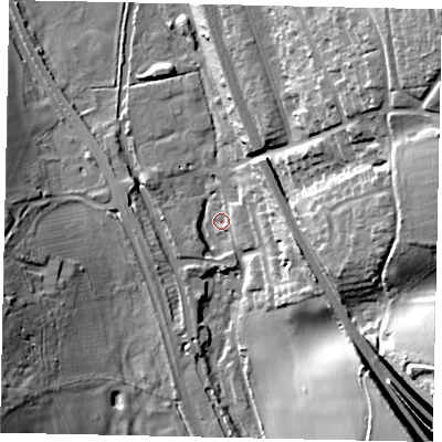 Shaded relief map of the ground around WD48QY, computed from Environment Agency LiDAR. The ground here sits at about 64 m above sea level and falls 40 m across the surrounding 800 m. Surface water reaching this point runs off ground lying to the east-south-east, 13.7 m higher.