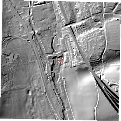 Shaded relief map of the ground around WD48QZ, computed from Environment Agency LiDAR. The ground here sits at about 63 m above sea level and falls 37 m across the surrounding 800 m. Surface water reaching this point runs off ground lying to the east-north-east, 14.3 m higher.