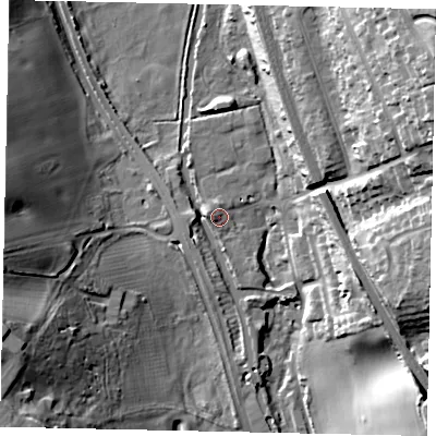 Shaded relief map of the ground around WD48RE, computed from Environment Agency LiDAR. The ground here sits at about 67 m above sea level and falls 33 m across the surrounding 800 m. Surface water reaching this point runs off ground lying to the west, 4.8 m higher.