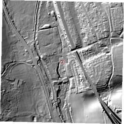 Shaded relief map of the ground around WD48RH, computed from Environment Agency LiDAR. The ground here sits at about 65 m above sea level and falls 41 m across the surrounding 800 m. Surface water reaching this point runs off ground lying to the east-north-east, 12.7 m higher.