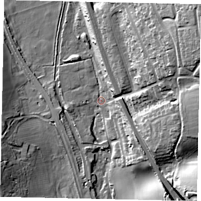 Shaded relief map of the ground around WD48RQ, computed from Environment Agency LiDAR. The ground here sits at about 65 m above sea level and falls 42 m across the surrounding 800 m. Surface water reaching this point runs off ground lying to the north-east, 39.3 m higher.