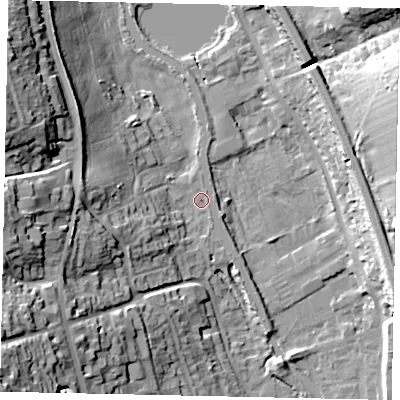 Shaded relief map of the ground around WD48RT, computed from Environment Agency LiDAR. The ground here sits at about 72 m above sea level and falls 35 m across the surrounding 800 m. Surface water reaching this point runs off ground lying to the west-south-west, 9.5 m higher.
