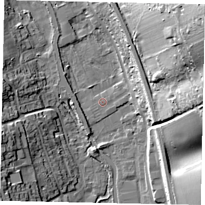 Shaded relief map of the ground around WD48ST, computed from Environment Agency LiDAR. The ground here sits at about 70 m above sea level and falls 41 m across the surrounding 800 m. Surface water reaching this point runs off ground lying to the north, 11.8 m higher.