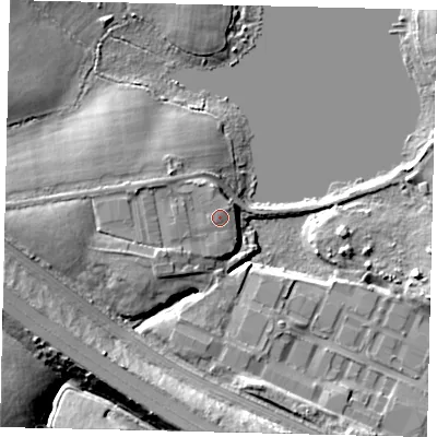 Shaded relief map of the ground around WD63BS, computed from Environment Agency LiDAR. The ground here sits at about 104 m above sea level and falls 15 m across the surrounding 800 m. Surface water reaching this point runs off ground lying to the west, 3.4 m higher.
