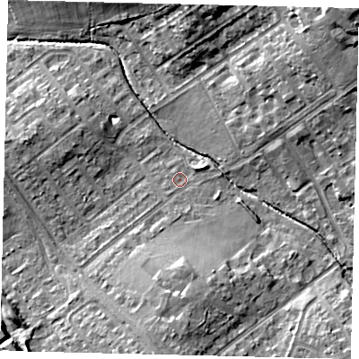 Shaded relief map of the ground around WD64JN, computed from Environment Agency LiDAR. The ground here sits at about 80 m above sea level and falls 16 m across the surrounding 800 m. Surface water reaching this point runs off ground lying to the south, 7.6 m higher.