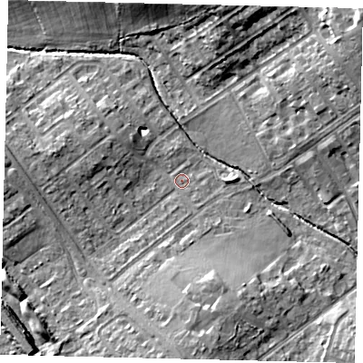 Shaded relief map of the ground around WD64JY, computed from Environment Agency LiDAR. The ground here sits at about 79 m above sea level and falls 16 m across the surrounding 800 m. Surface water reaching this point runs off ground lying to the south, 8.0 m higher.