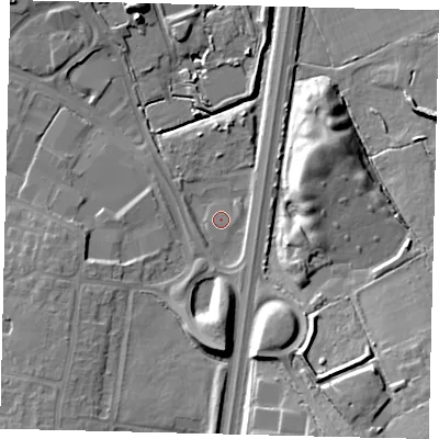 Shaded relief map of the ground around WD65PU, computed from Environment Agency LiDAR. The ground here sits at about 99 m above sea level and falls 19 m across the surrounding 800 m. The ground contributing surface water to this point lies to the south-south-west.