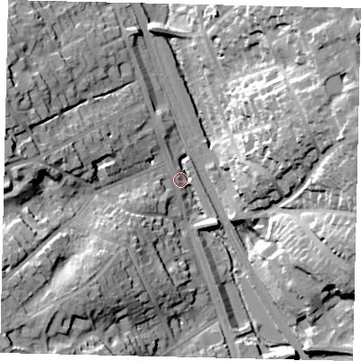 Shaded relief map of the ground around WD77AJ, computed from Environment Agency LiDAR. The ground here sits at about 71 m above sea level and falls 35 m across the surrounding 800 m. Surface water reaching this point runs off ground lying to the south-west, 31.1 m higher.
