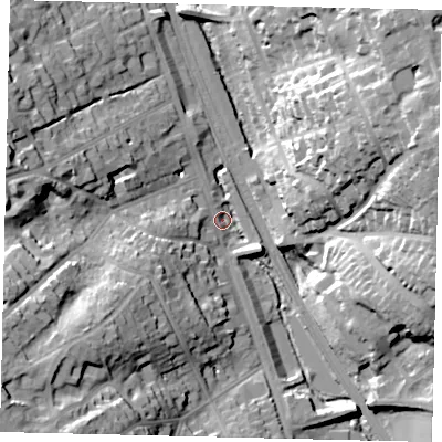 Shaded relief map of the ground around WD77AL, computed from Environment Agency LiDAR. The ground here sits at about 71 m above sea level and falls 35 m across the surrounding 800 m. Surface water reaching this point runs off ground lying to the south-west, 29.0 m higher.