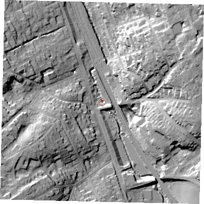 Shaded relief map of the ground around WD77AP, computed from Environment Agency LiDAR. The ground here sits at about 70 m above sea level and falls 35 m across the surrounding 800 m. Surface water reaching this point runs off ground lying to the west-south-west, 28.7 m higher.