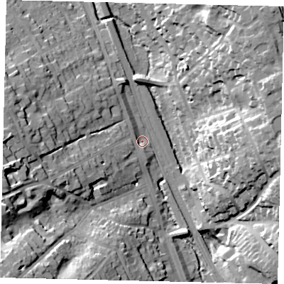 Shaded relief map of the ground around WD77AQ, computed from Environment Agency LiDAR. The ground here sits at about 71 m above sea level and falls 37 m across the surrounding 800 m. Surface water reaching this point runs off ground lying to the south-west, 35.0 m higher.