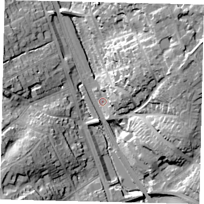 Shaded relief map of the ground around WD77AR, computed from Environment Agency LiDAR. The ground here sits at about 72 m above sea level and falls 35 m across the surrounding 800 m. Surface water reaching this point runs off ground lying to the east-north-east, 33.5 m higher.