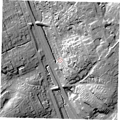 Shaded relief map of the ground around WD77BG, computed from Environment Agency LiDAR. The ground here sits at about 71 m above sea level and falls 35 m across the surrounding 800 m. Surface water reaching this point runs off ground lying to the east, 31.8 m higher.