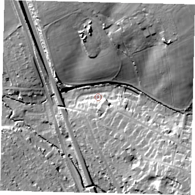 Shaded relief map of the ground around WD77DF, computed from Environment Agency LiDAR. The ground here sits at about 72 m above sea level and falls 34 m across the surrounding 800 m. Surface water reaching this point runs off ground lying to the north-east, 28.4 m higher.