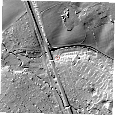 Shaded relief map of the ground around WD77DH, computed from Environment Agency LiDAR. The ground here sits at about 71 m above sea level and falls 35 m across the surrounding 800 m. Surface water reaching this point runs off ground lying to the north-east, 29.2 m higher.
