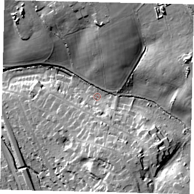 Shaded relief map of the ground around WD77DL, computed from Environment Agency LiDAR. The ground here sits at about 75 m above sea level and falls 35 m across the surrounding 800 m. Surface water reaching this point runs off ground lying to the east-north-east, 27.6 m higher.