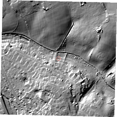 Shaded relief map of the ground around WD77EA, computed from Environment Agency LiDAR. The ground here sits at about 76 m above sea level and falls 35 m across the surrounding 800 m. Surface water reaching this point runs off ground lying to the north-east, 26.5 m higher.