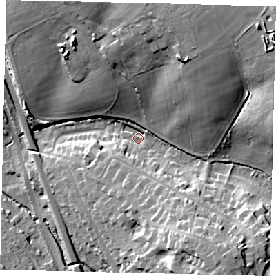 Shaded relief map of the ground around WD77FD, computed from Environment Agency LiDAR. The ground here sits at about 73 m above sea level and falls 34 m across the surrounding 800 m. Surface water reaching this point runs off ground lying to the north-north-east, 27.5 m higher.