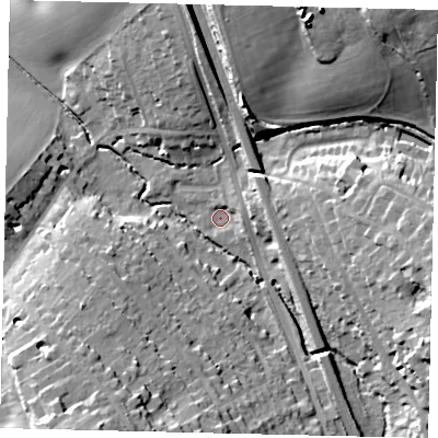 Shaded relief map of the ground around WD77GW, computed from Environment Agency LiDAR. The ground here sits at about 66 m above sea level and falls 29 m across the surrounding 800 m. Surface water reaching this point runs off ground lying to the east-north-east, 3.6 m higher.