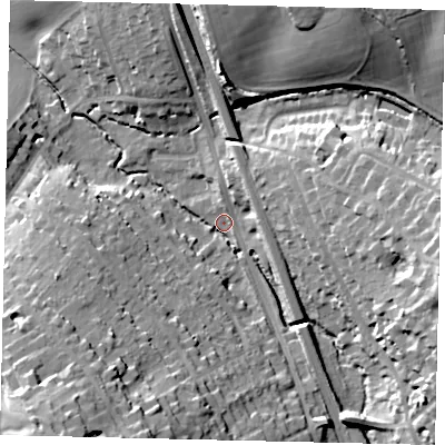 Shaded relief map of the ground around WD77GX, computed from Environment Agency LiDAR. The ground here sits at about 67 m above sea level and falls 30 m across the surrounding 800 m. Surface water reaching this point runs off ground lying to the south-west, 28.5 m higher.