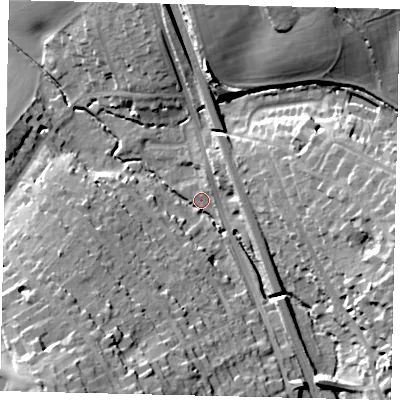 Shaded relief map of the ground around WD77GZ, computed from Environment Agency LiDAR. The ground here sits at about 67 m above sea level and falls 30 m across the surrounding 800 m. Surface water reaching this point runs off ground lying to the south-west, 28.3 m higher.
