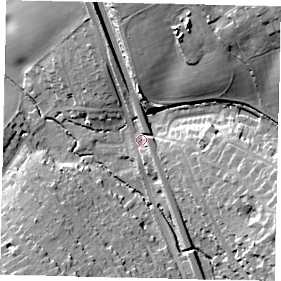 Shaded relief map of the ground around WD77HL, computed from Environment Agency LiDAR. The ground here sits at about 70 m above sea level and falls 33 m across the surrounding 800 m. Surface water reaching this point runs off ground lying to the north-east, 27.0 m higher.