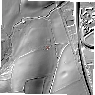Shaded relief map of the ground around WD77HS, computed from Environment Agency LiDAR. The ground here sits at about 64 m above sea level and falls 29 m across the surrounding 800 m. Surface water reaching this point runs off ground lying to the south-east, 21.5 m higher.