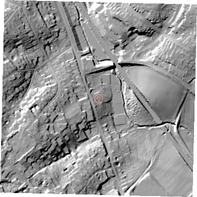 Shaded relief map of the ground around WD77JG, computed from Environment Agency LiDAR. The ground here sits at about 77 m above sea level and falls 34 m across the surrounding 800 m. Surface water reaching this point runs off ground lying to the west-south-west, 12.4 m higher.