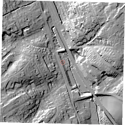 Shaded relief map of the ground around WD77LA, computed from Environment Agency LiDAR. The ground here sits at about 72 m above sea level and falls 35 m across the surrounding 800 m. Surface water reaching this point runs off ground lying to the south-west, 33.5 m higher.