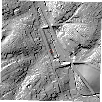 Shaded relief map of the ground around WD77LD, computed from Environment Agency LiDAR. The ground here sits at about 72 m above sea level and falls 35 m across the surrounding 800 m. Surface water reaching this point runs off ground lying to the south-west, 33.6 m higher.