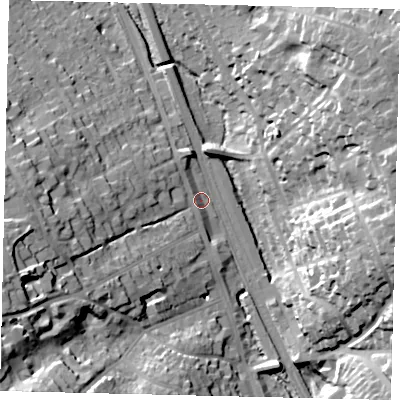 Shaded relief map of the ground around WD77NQ, computed from Environment Agency LiDAR. The ground here sits at about 72 m above sea level and falls 33 m across the surrounding 800 m. Surface water reaching this point runs off ground lying to the west-south-west, 31.1 m higher.