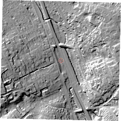 Shaded relief map of the ground around WD77NR, computed from Environment Agency LiDAR. The ground here sits at about 71 m above sea level and falls 33 m across the surrounding 800 m. Surface water reaching this point runs off ground lying to the west-south-west, 30.6 m higher.