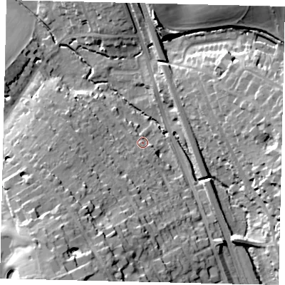 Shaded relief map of the ground around WD78BE, computed from Environment Agency LiDAR. The ground here sits at about 70 m above sea level and falls 33 m across the surrounding 800 m. Surface water reaching this point runs off ground lying to the south-west, 19.5 m higher.