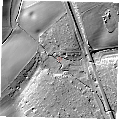 Shaded relief map of the ground around WD78ER, computed from Environment Agency LiDAR. The ground here sits at about 66 m above sea level and falls 30 m across the surrounding 800 m. Surface water reaching this point runs off ground lying to the south-south-west, 23.1 m higher.
