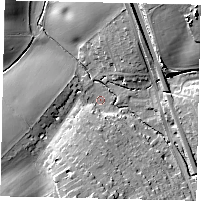 Shaded relief map of the ground around WD78ES, computed from Environment Agency LiDAR. The ground here sits at about 66 m above sea level and falls 29 m across the surrounding 800 m. Surface water reaching this point runs off ground lying to the south, 25.1 m higher.