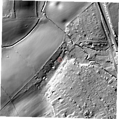 Shaded relief map of the ground around WD78EW, computed from Environment Agency LiDAR. The ground here sits at about 72 m above sea level and falls 36 m across the surrounding 800 m. Surface water reaching this point runs off ground lying to the south-west, 27.8 m higher.